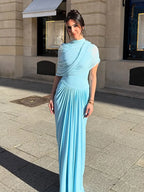 Irregular Shawl Blue Maxi Dress Women's Fashion Turtleneck Slim Fit Pleated Vestidos 2025 New Lady Evening Party Robes Summer