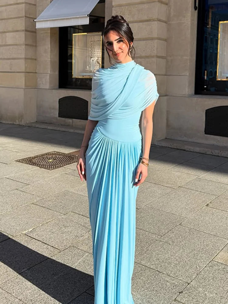 Irregular Shawl Blue Maxi Dress Women's Fashion Turtleneck Slim Fit Pleated Vestidos 2025 New Lady Evening Party Robes Summer