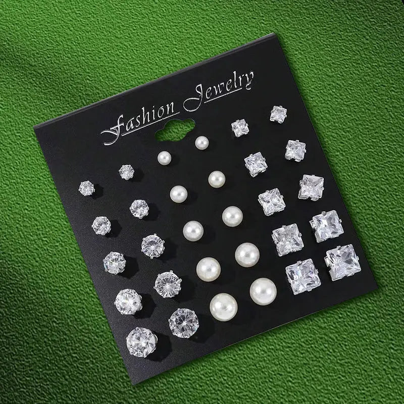 12 Pairs Set Stainless Steel Stud Earrings with Gemstone Buds Round Earrings Unisex Fashion Jewelry Gifts