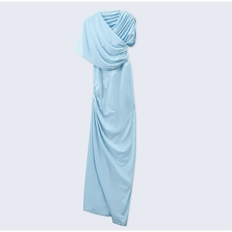 Irregular Shawl Blue Maxi Dress Women's Fashion Turtleneck Slim Fit Pleated Vestidos 2025 New Lady Evening Party Robes Summer