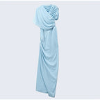Irregular Shawl Blue Maxi Dress Women's Fashion Turtleneck Slim Fit Pleated Vestidos 2025 New Lady Evening Party Robes Summer