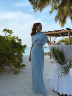 Irregular Shawl Blue Maxi Dress Women's Fashion Turtleneck Slim Fit Pleated Vestidos 2025 New Lady Evening Party Robes Summer