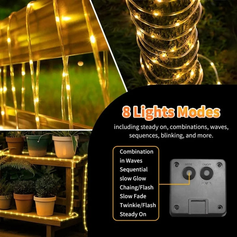 Solar String Fairy Lights Outdoor Waterproof 8 Modes Twinkle Rope Strip Light Garland Lamp for Patio Garden Lawn Tree Yard Fence