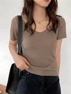 AOSSVIAO 2026 Basic V-neck Solid Thin Summer Pullover Women Female Knitted Ribbed Sweater Slim Short Sleeve Bodycon Sweater