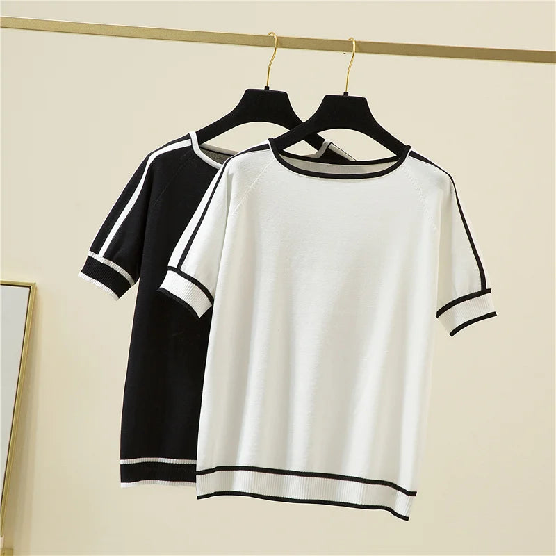 Camisetas Thin Knitted T Shirt Women Short Sleeve Summer Tops Casual Clothes Striped Fashion T-Shirt Tee Shirt Blusas 18841
