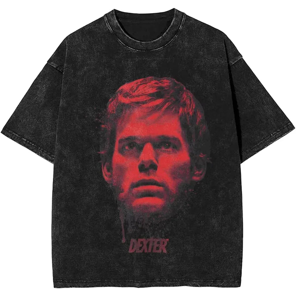 New Dexter Morgan Edition Middle Finger Retro Trendy Vintage Washed T-Shirt Summer Y2K Tops Cotton Men Women Tees Short Sleeve