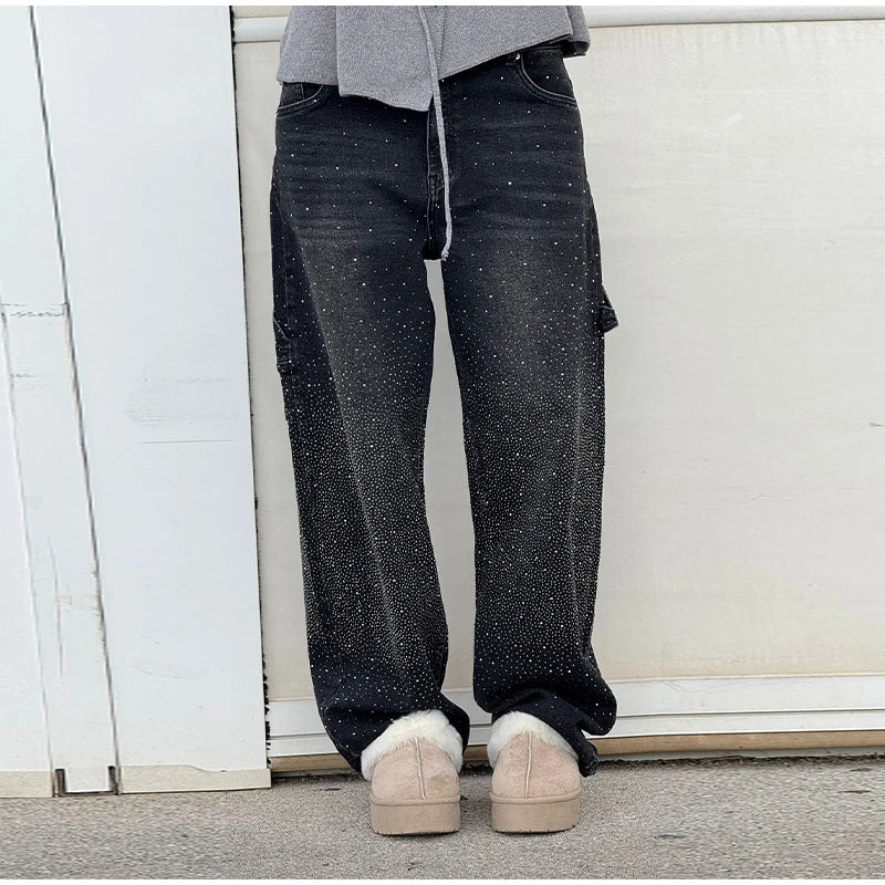 Chic Rhinestone Women's Jeans Y2k Street Oversize Loose Shining Female Wide Leg Pants 2025 Spring Summer Lady Denim Trousers