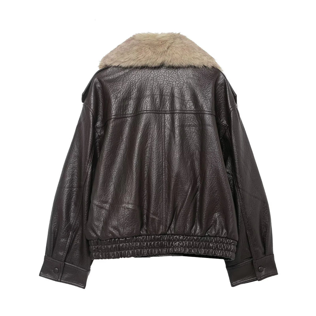 TFMLN 2025 Winter Women Loose Faux Leather Jacket Fashion Removed Big Fur Collar Causal Coat High Street Double Breasted Outwear