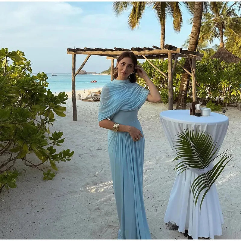 Irregular Shawl Blue Maxi Dress Women's Fashion Turtleneck Slim Fit Pleated Vestidos 2025 New Lady Evening Party Robes Summer