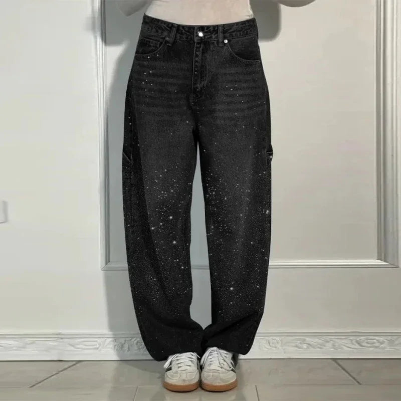 Chic Rhinestone Women's Jeans Y2k Street Oversize Loose Shining Female Wide Leg Pants 2025 Spring Summer Lady Denim Trousers