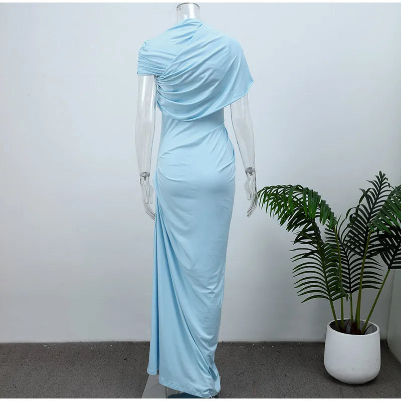 Irregular Shawl Blue Maxi Dress Women's Fashion Turtleneck Slim Fit Pleated Vestidos 2025 New Lady Evening Party Robes Summer