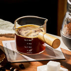 1pc Glass Measuring Cup Wood Handle Glass Espresso Measuring Cup Double Single Mouth Milk Coffee Clear Mug Coffee Supplies