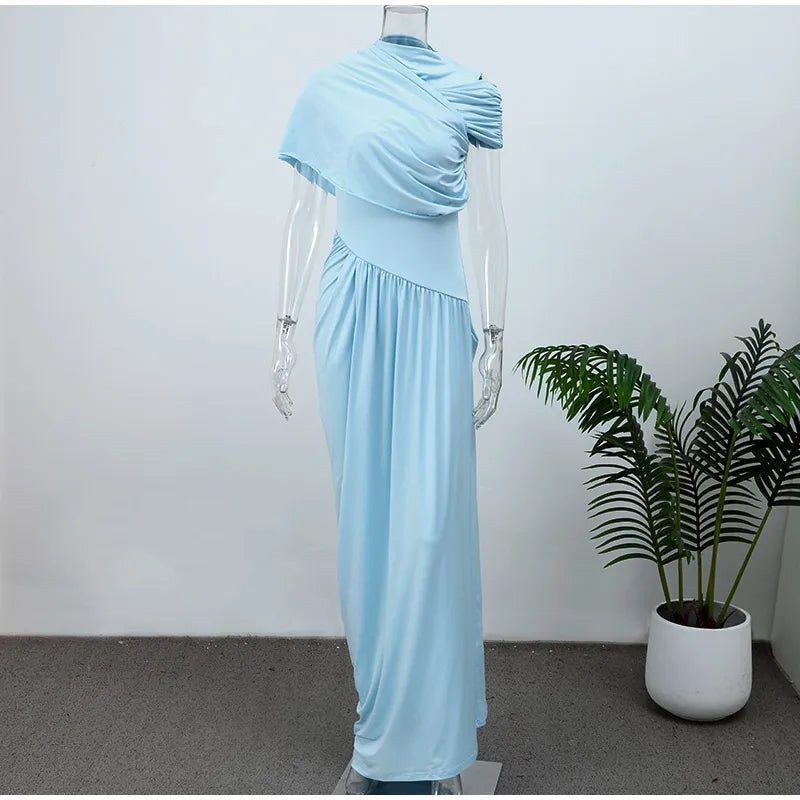 Irregular Shawl Blue Maxi Dress Women's Fashion Turtleneck Slim Fit Pleated Vestidos 2025 New Lady Evening Party Robes Summer