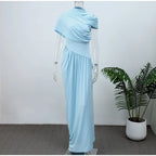 Irregular Shawl Blue Maxi Dress Women's Fashion Turtleneck Slim Fit Pleated Vestidos 2025 New Lady Evening Party Robes Summer