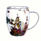 Double Wall Clear Glass Coffee Mugs Creative Clear Glass Cups with Handle Flowers Double Insulated Glass Cup Hot Cold Home Gift
