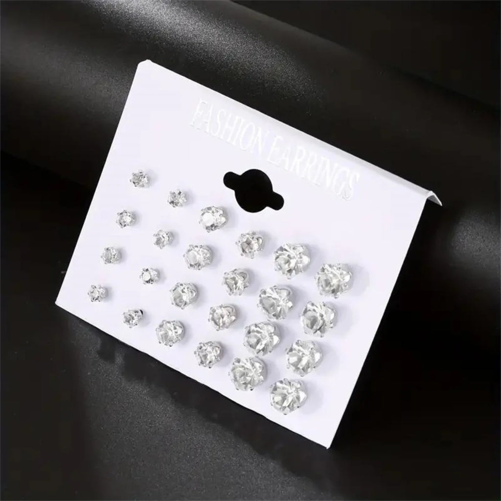 12 Pairs Set Stainless Steel Stud Earrings with Gemstone Buds Round Earrings Unisex Fashion Jewelry Gifts