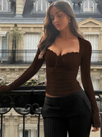 Dulzura 2025 Autumn Latest Fashion Sexy Square Collar Long Sleeve Slim Lace Up Lace Ruffles Patchwork T-Shirt Party Club Clothes