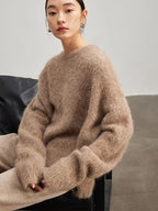 SuyaDream Warm Alpaca Pullovers for Woman, Dropped Sleeved Loose Sweaters, 2025 Fall Winter Top, Camel, Beige