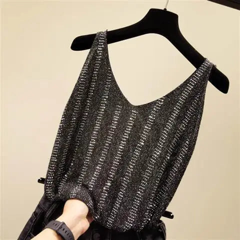 Rhinestones Tank Top Elegant Sleeveless Shiny Loose Knit Camis Corset Summer Women's Tube Top Aesthetic Clothing Korean