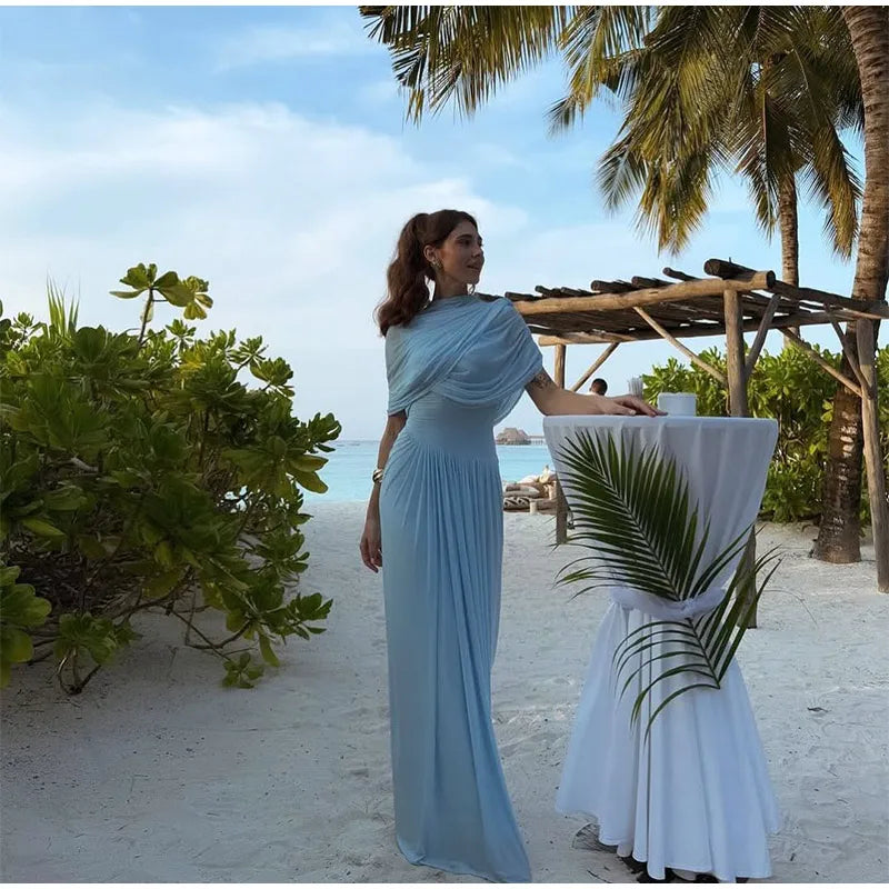 Irregular Shawl Blue Maxi Dress Women's Fashion Turtleneck Slim Fit Pleated Vestidos 2025 New Lady Evening Party Robes Summer