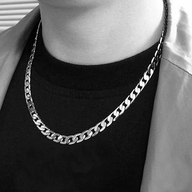 925 sterling silver plated Flat Cuban Chain Necklace For Men Male Neck Jewelry Accessories 4MM/6MM/8MM/10MM Width