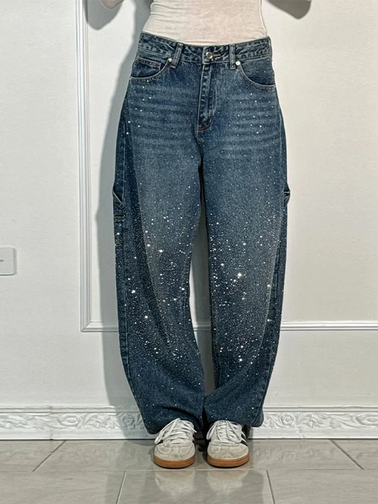 Chic Rhinestone Women's Jeans Y2k Street Oversize Loose Shining Female Wide Leg Pants 2025 Spring Summer Lady Denim Trousers