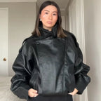 HXAO Faux Leather Black Jackets For Woman New Arrival Cropped Oversize Bomber Jacket Zip-Up Long Sleeve Coats Motorcycle Jackets