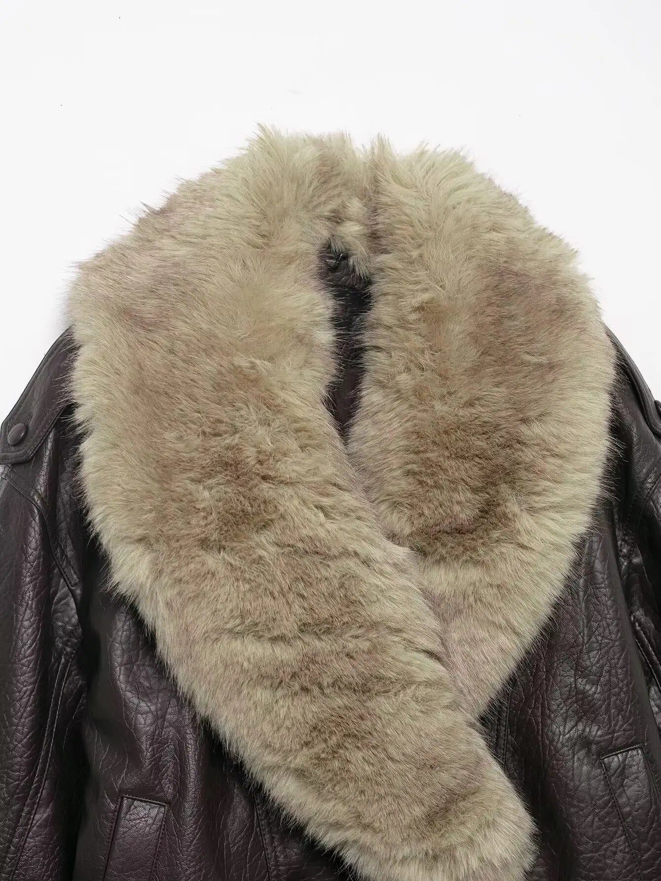 TFMLN 2025 Winter Women Loose Faux Leather Jacket Fashion Removed Big Fur Collar Causal Coat High Street Double Breasted Outwear