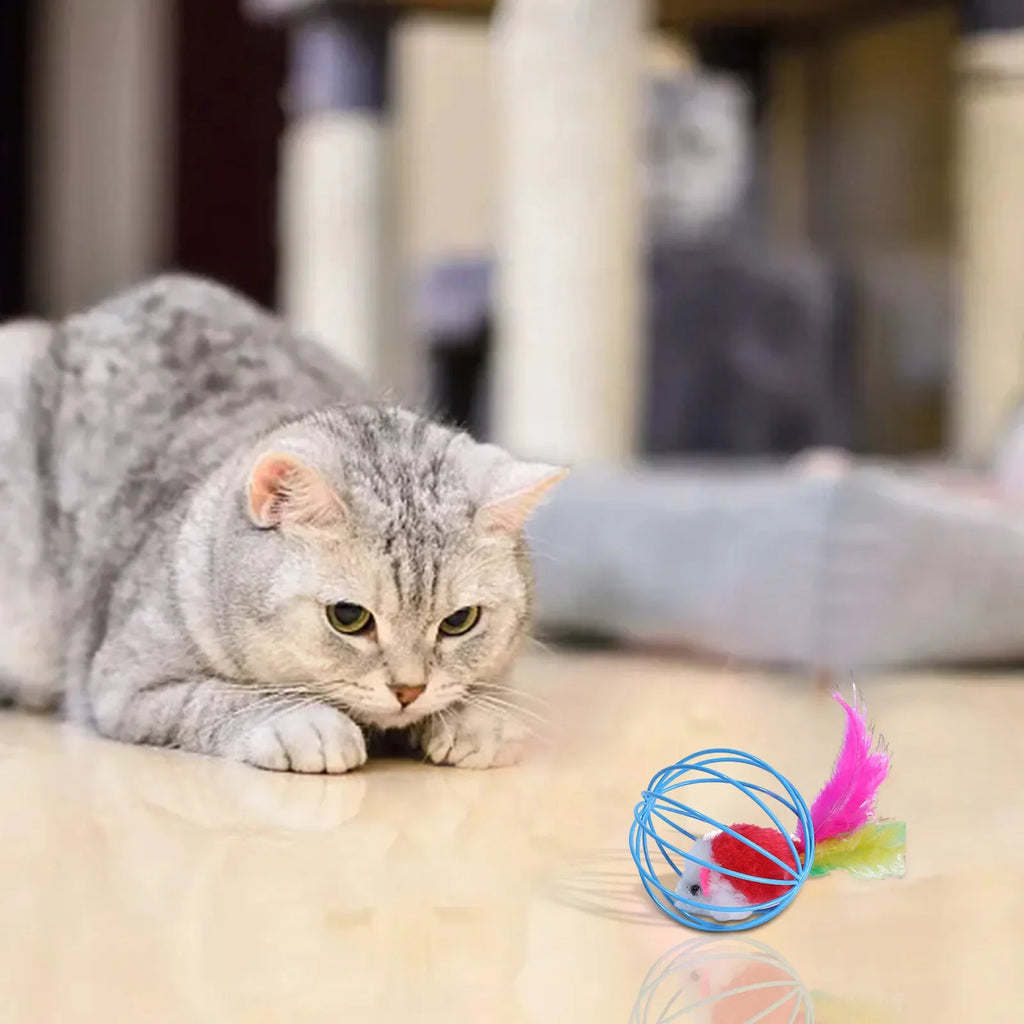 Interactive Cat Toy Mouse Ball Cage Random Color Plush Mouse  Kitten Play Toys for Indoor Kittens Exercise Pet Supplies