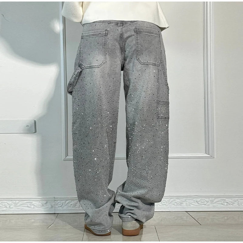Chic Rhinestone Women's Jeans Y2k Street Oversize Loose Shining Female Wide Leg Pants 2025 Spring Summer Lady Denim Trousers