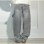 Chic Rhinestone Women's Jeans Y2k Street Oversize Loose Shining Female Wide Leg Pants 2025 Spring Summer Lady Denim Trousers