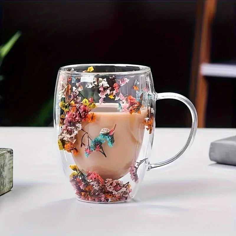 Double Wall Clear Glass Coffee Mugs Creative Clear Glass Cups with Handle Flowers Double Insulated Glass Cup Hot Cold Home Gift
