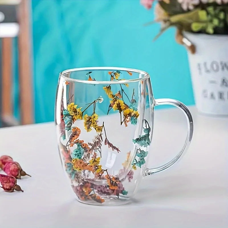 Double Wall Clear Glass Coffee Mugs Creative Clear Glass Cups with Handle Flowers Double Insulated Glass Cup Hot Cold Home Gift