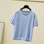 Camisetas Thin Knitted T Shirt Women Short Sleeve Summer Tops Casual Clothes Striped Fashion T-Shirt Tee Shirt Blusas 18841