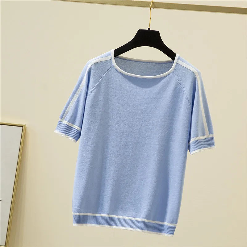 Camisetas Thin Knitted T Shirt Women Short Sleeve Summer Tops Casual Clothes Striped Fashion T-Shirt Tee Shirt Blusas 18841