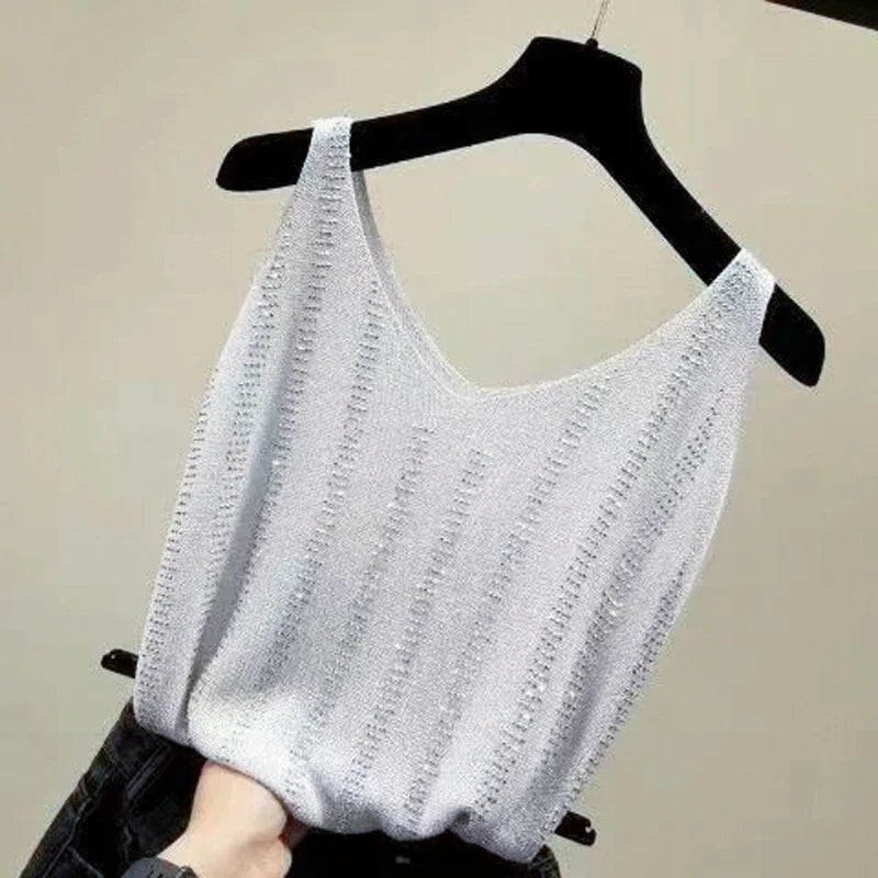 Rhinestones Tank Top Elegant Sleeveless Shiny Loose Knit Camis Corset Summer Women's Tube Top Aesthetic Clothing Korean