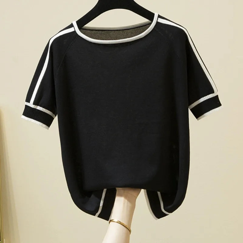 Camisetas Thin Knitted T Shirt Women Short Sleeve Summer Tops Casual Clothes Striped Fashion T-Shirt Tee Shirt Blusas 18841