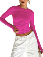 Fashion Women T-shirt Long Sleeve Crew Neck Solid Slim Fit Ladies Crop Top with Thumb Holes for Daily Streetwear Summer Camis