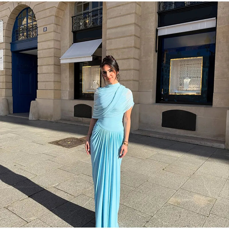 Irregular Shawl Blue Maxi Dress Women's Fashion Turtleneck Slim Fit Pleated Vestidos 2025 New Lady Evening Party Robes Summer