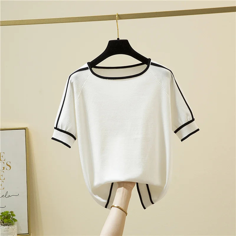 Camisetas Thin Knitted T Shirt Women Short Sleeve Summer Tops Casual Clothes Striped Fashion T-Shirt Tee Shirt Blusas 18841