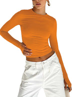 Fashion Women T-shirt Long Sleeve Crew Neck Solid Slim Fit Ladies Crop Top with Thumb Holes for Daily Streetwear Summer Camis