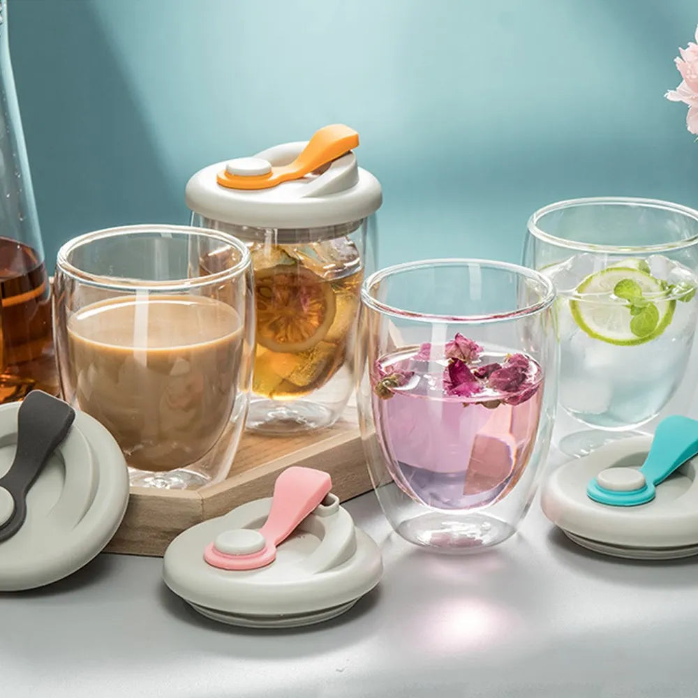 Cute Portable Water Cup Double Wall Glass Cup With Leak-Proof LidTransparent Insulated Coffee Cups Milk Tea Juice Mug Dinkware