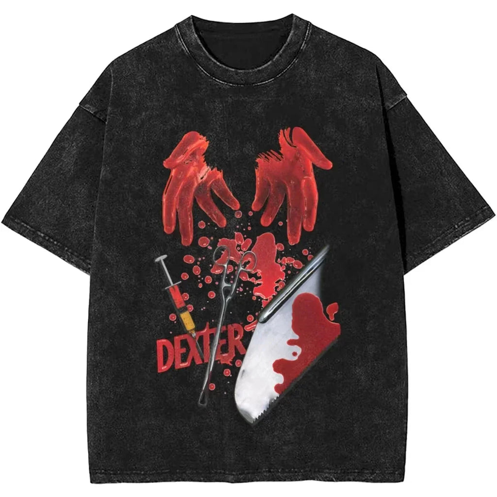 New Dexter Morgan Edition Middle Finger Retro Trendy Vintage Washed T-Shirt Summer Y2K Tops Cotton Men Women Tees Short Sleeve