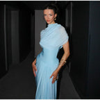 Irregular Shawl Blue Maxi Dress Women's Fashion Turtleneck Slim Fit Pleated Vestidos 2025 New Lady Evening Party Robes Summer