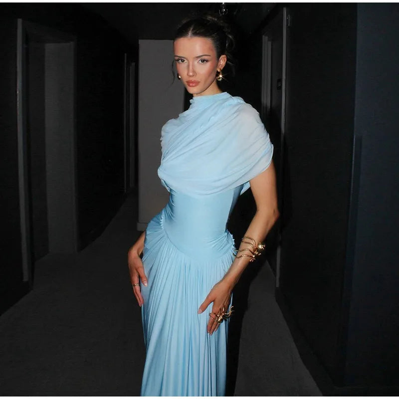 Irregular Shawl Blue Maxi Dress Women's Fashion Turtleneck Slim Fit Pleated Vestidos 2025 New Lady Evening Party Robes Summer