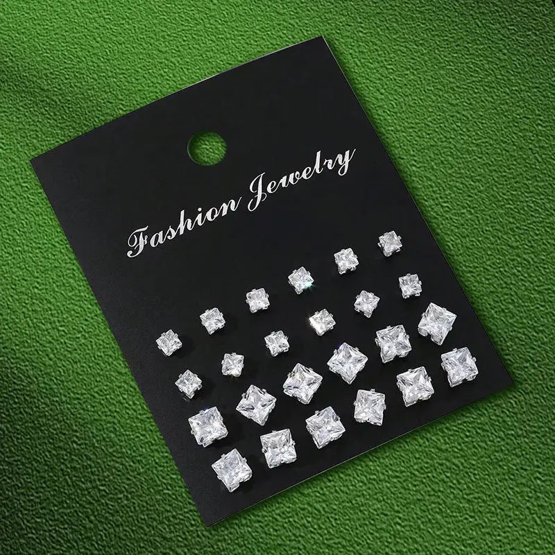 12 Pairs Set Stainless Steel Stud Earrings with Gemstone Buds Round Earrings Unisex Fashion Jewelry Gifts