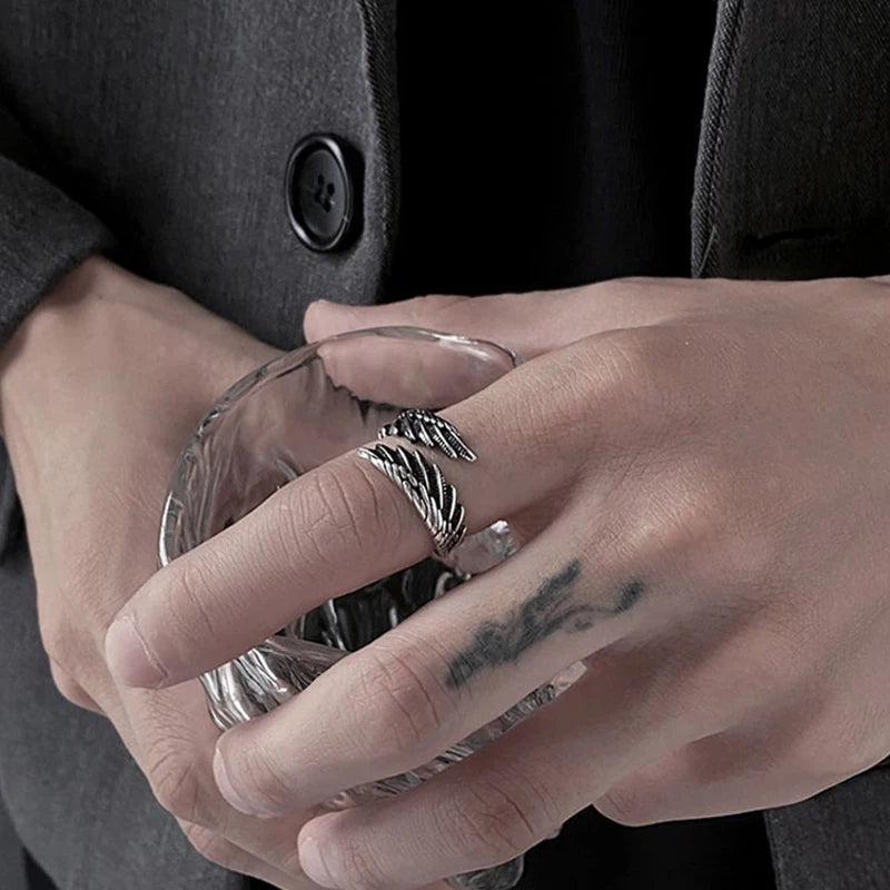 2pcs Vintage Angel Bat Wing Demon Eye Hip Hop Adjustable Couples Rings for Men Women Retro Silver Color Jewelry Party Daily