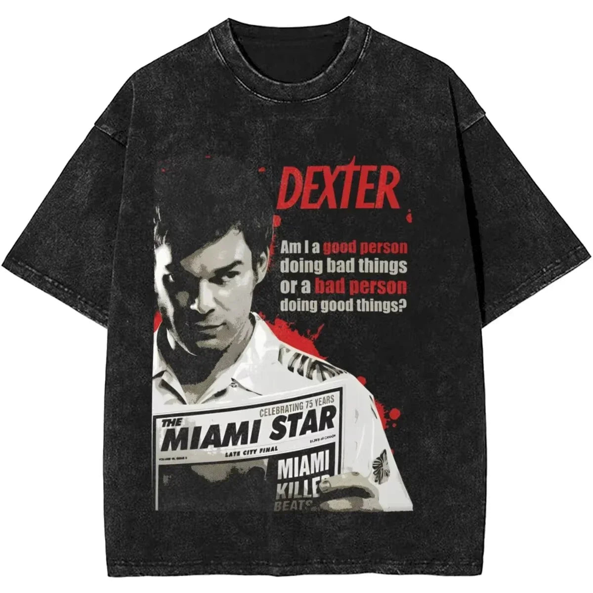 New Dexter Morgan Edition Middle Finger Retro Trendy Vintage Washed T-Shirt Summer Y2K Tops Cotton Men Women Tees Short Sleeve