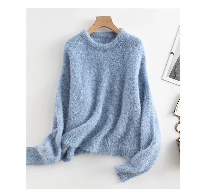 SuyaDream Warm Alpaca Pullovers for Woman, Dropped Sleeved Loose Sweaters, 2025 Fall Winter Top, Camel, Beige