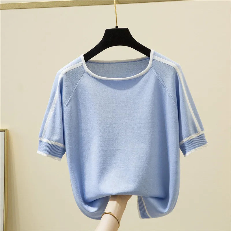 Camisetas Thin Knitted T Shirt Women Short Sleeve Summer Tops Casual Clothes Striped Fashion T-Shirt Tee Shirt Blusas 18841